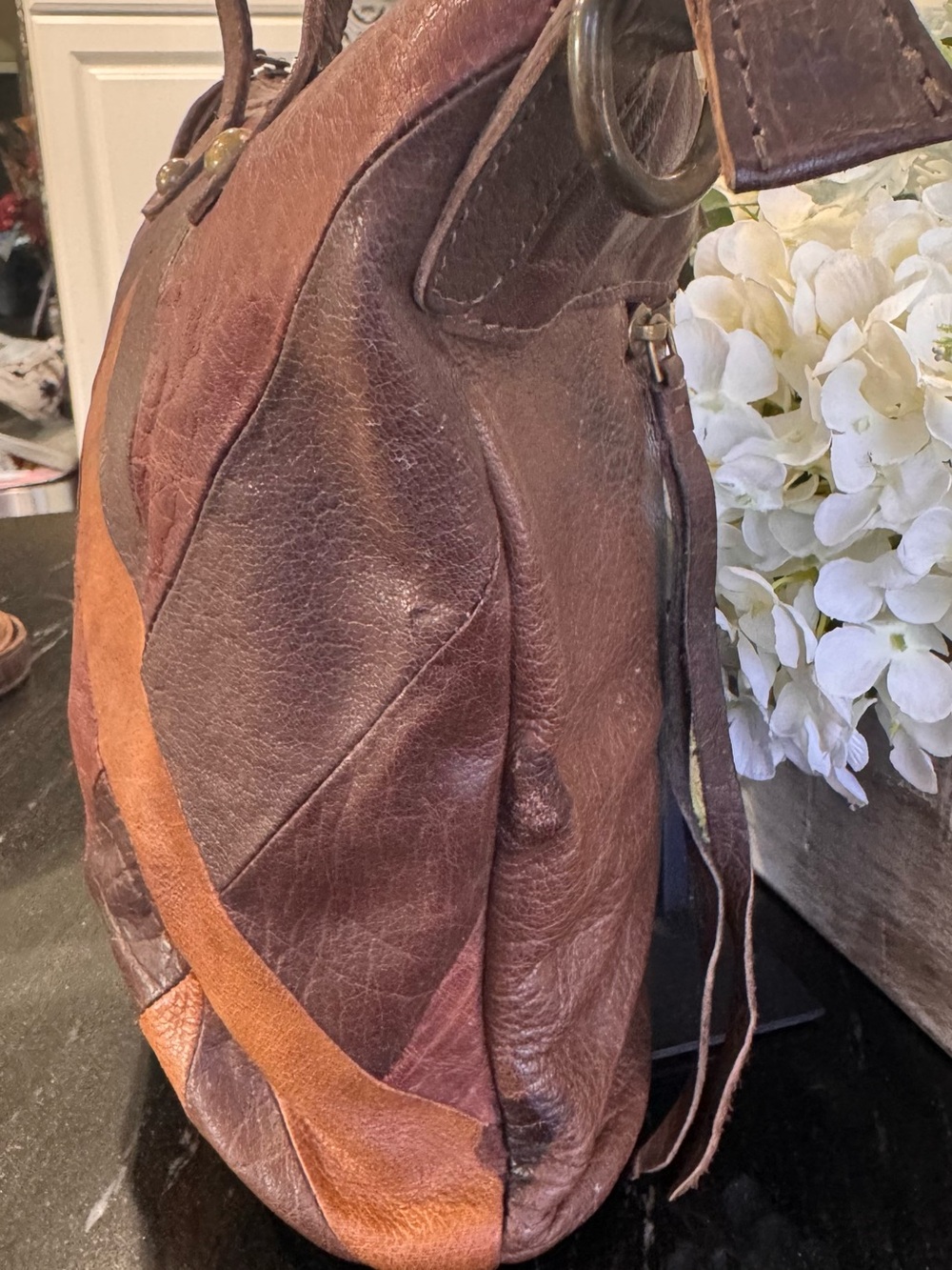🤎Lucky Brand Leather Patchwork Convertible Tote Crossbody Bag Brown - Picture 9 of 11